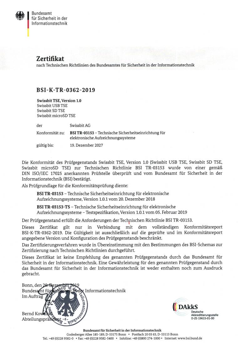 Swissbit TSE Zertifikat
